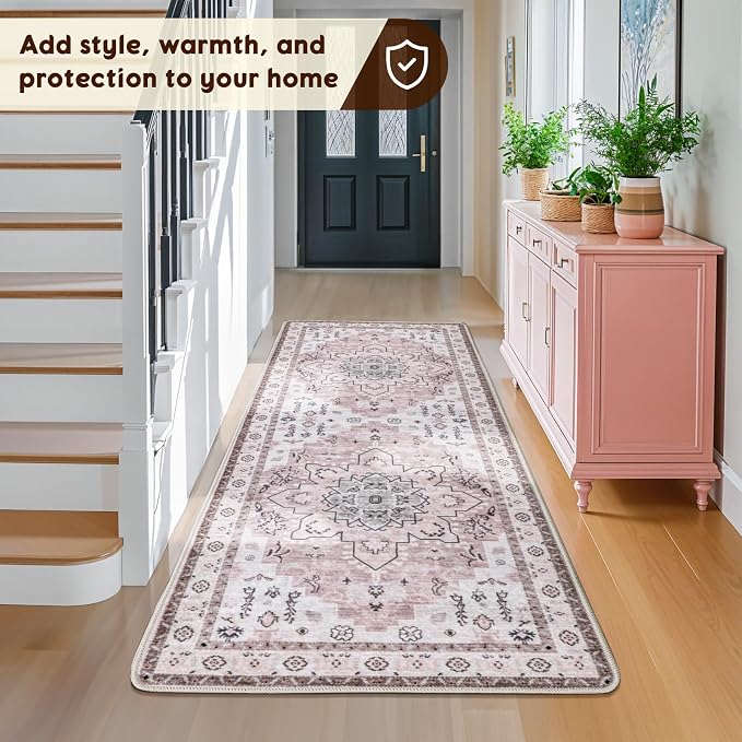 LBRO2M Machine Washable Rug Soft Pet Friendly Carpet 2'6" x 8' Pink | Persian Runner Rug 2'6"X8' for HallWay, Bedroom, Kitchen, Laundry Room, Non Slip Carpet, Foldable Stain Resistant Rugs