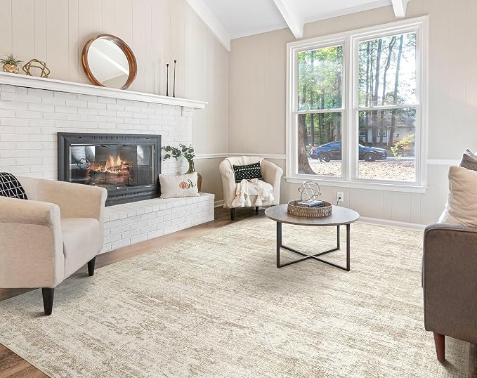 UERMEI 9x12 Washable Area Rug - Neutral Modern Abstract Living Room Rugs, Non-Slip Soft Large Indoor Floor Carpet for Bedroom Home Office & Under Dining Table Decor, Beige/Brown
