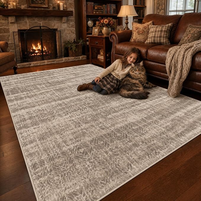 9CH Neutral Boho Area Rug 5x7, Washable Non Slip Distressed Geometric Rugs for Living Room Bedroom, Soft Low Pile Tribal Vintage Carpet