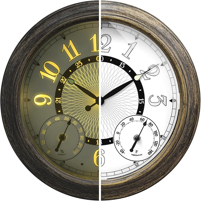 Pytha Sight Illuminated Large Metal Outdoor Clocks Waterproof 18 Inches With AI Auto Light Smart Sensor,Extra Big Indoor Outdoor Wall Clocks With Thermometer & Hygrometer for Patio, Pool, Garden,Porch