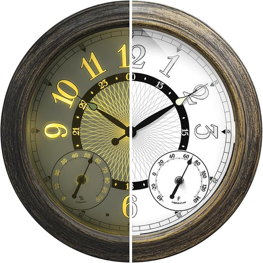 Pytha Sight Illuminated Large Metal Outdoor Clocks Waterproof 18 Inches With AI Auto Light Smart Sensor,Extra Big Indoor Outdoor Wall Clocks With Thermometer & Hygrometer for Patio, Pool, Garden,Porch
