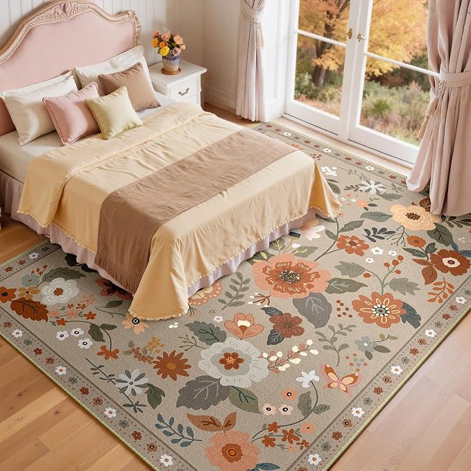 RELEANY Floral Washable 9x12 Area Rugs Brown/Brick | Flower Carpet, Print, Boho, Non-Slip, Easy to Clean, Soft, Low Pile for Living Room Bedroom Kitchen Office Entryway Hallway