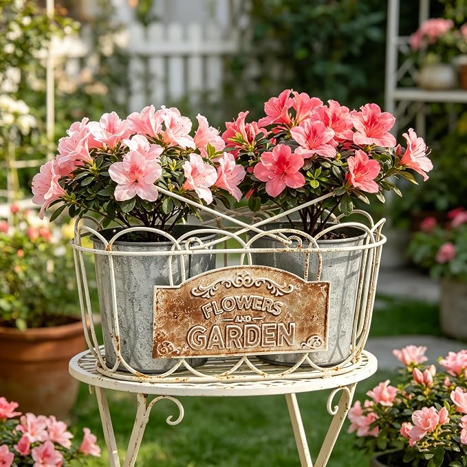 Vintage 2-Piece Metal Planter Set, Distressed White Iron Wire Basket with Flowers Garden Sign, Rustic Farmhouse Plant Pots for Tabletop, Window Sill & Balcony Decor