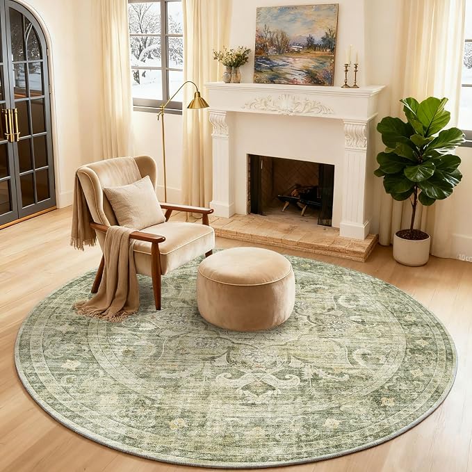 4ft Washable Round Rugs for Bedroom: Circle Living Room Rug Boho Vintage Non Slip Low Pile Soft Faux Wool Non Shedding Small Carpet Rug for Kitchen Entryway Bathroom Bedside Home Office Dorm Kids Room