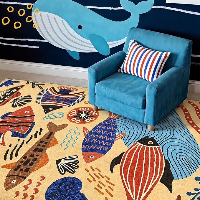 jinchan 5x7 Coastal Area Rug Washable Kids Rug Colorful Ocean Fish Mat, Tan | Soft, Cozy, Non-Slip, Kid-Friendly, Lightweight, Entryway, Kitchen, Dorm, Bedroom, Living Room, Playroom, Nursery, Daycare