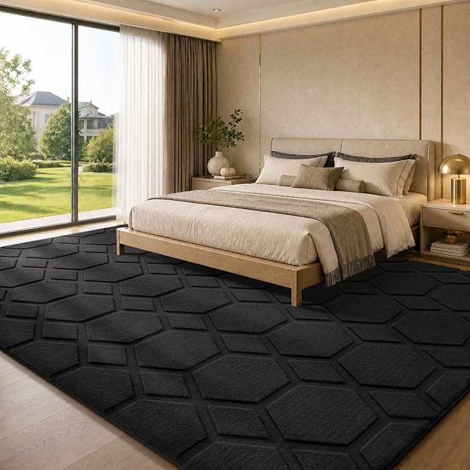 Living Room Bedroom, Large Carpet Black Rug | Big, Geometric Alfombra Para Salas Modernas, Washable, Non Slip Soft Thick Fluffy Plush, Memory foam Rug for Kids Playroom