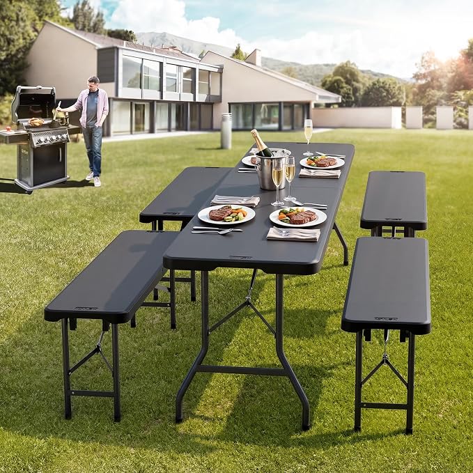 VINGLI 4 feet Plastic Folding Bench,Portable in/Outdoor Picnic Party Camping Dining Seat, Garden Soccer Multipurpose Entertaining Activities, Smooth HDPE Tabletop (1, Black, 4ft)