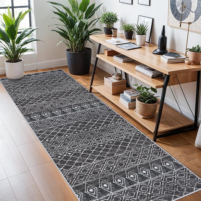 3x10 Washable Moroccan Non Skid Rug:Kitchen Runner Rugs for Hallways Black | Modern Geometric Low Pile Beside Runner Rugs with Rubber Backing Floor Mat Indoor Rug for Entryway