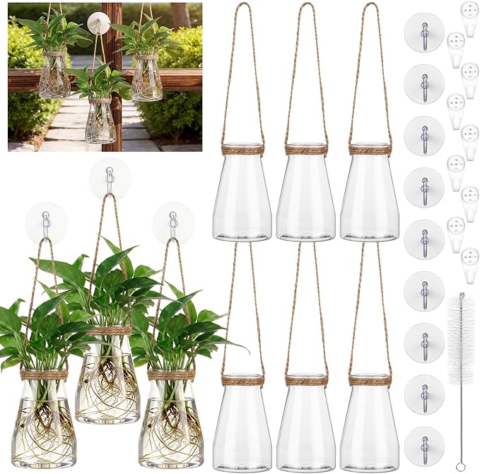 Baderke 9 Sets Window Hanging Propagation Stations 3.35'' Plastic Propagation Vases with Suction Cup & Traceless Nail, Propagated Holder Wall Jars for Office Garden Decoration Gift