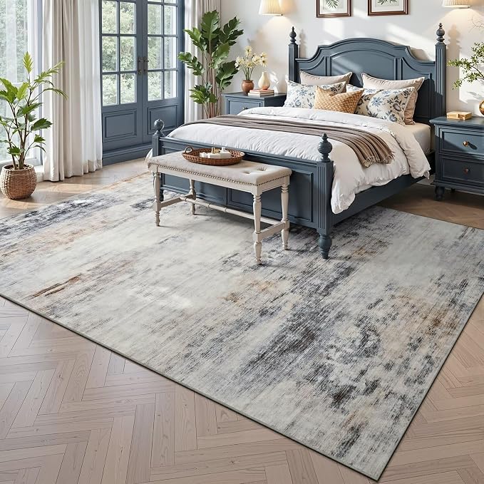 Toneed Washable 7x9 Area Rug with Non-Slip Backing for Living Room | Abstract Modern Rugs, Soft Low Pile Carpet for Bedroom Dining Room Nursery Indoor Office Home Decor，Grey/Brown