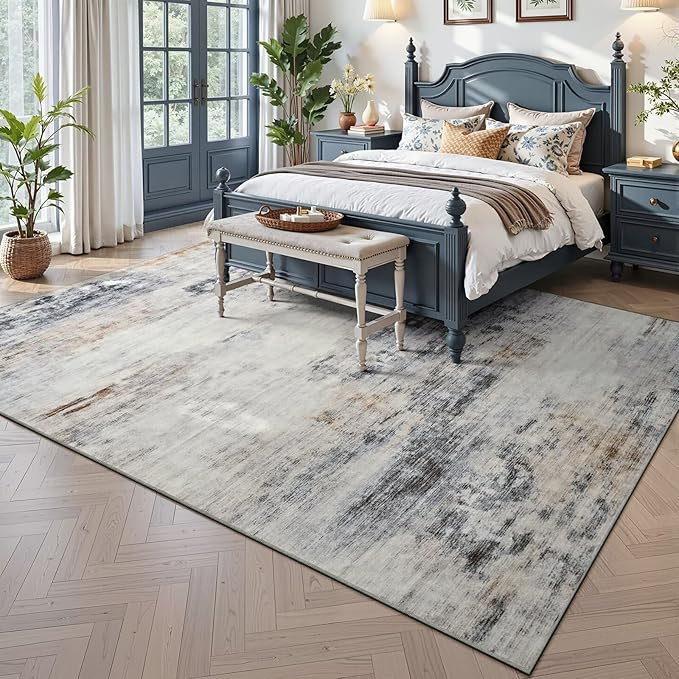 Toneed Washable 9x12 Area Rug with Non-Slip Backing for Living Room | Abstract Modern Rugs, Soft Low Pile Carpet for Bedroom Kitchen Dining Room Nursery Indoor Floor Office Home Decor, Grey/Brown