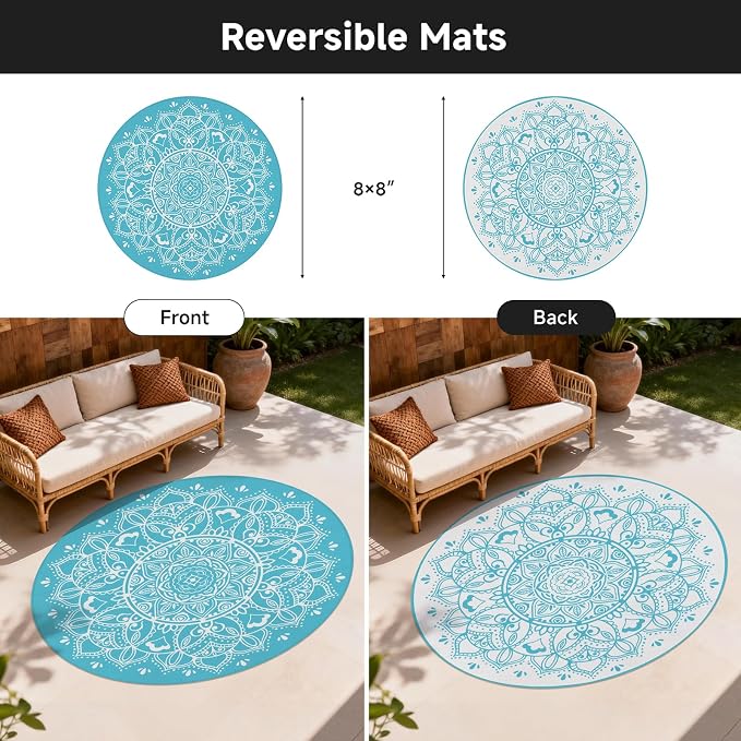 Pauwer Waterproof Outdoor Rug 8ft, Reversible Plastic Straw Patio Camping Rug, Indoor Outdoor RV Mat Carpet for Deck, Camper, Porch, Balcony, Backyard, Picnic, Floral Teal