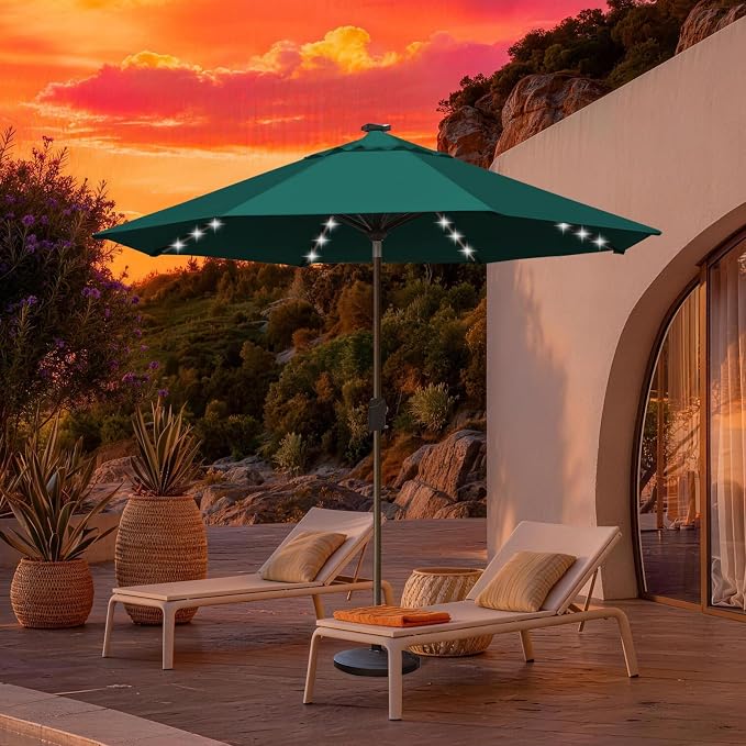 EliteShade USA 10-Year-Non-Fading 10ft Market Patio Umbrella, Commercial Grade Table Sun Umbrella with 80 Solar LED Lights, Crank Open, Windproof & UPF 50+ UV Protection for Garden, Deck, Pool, Backyard, Forest Green
