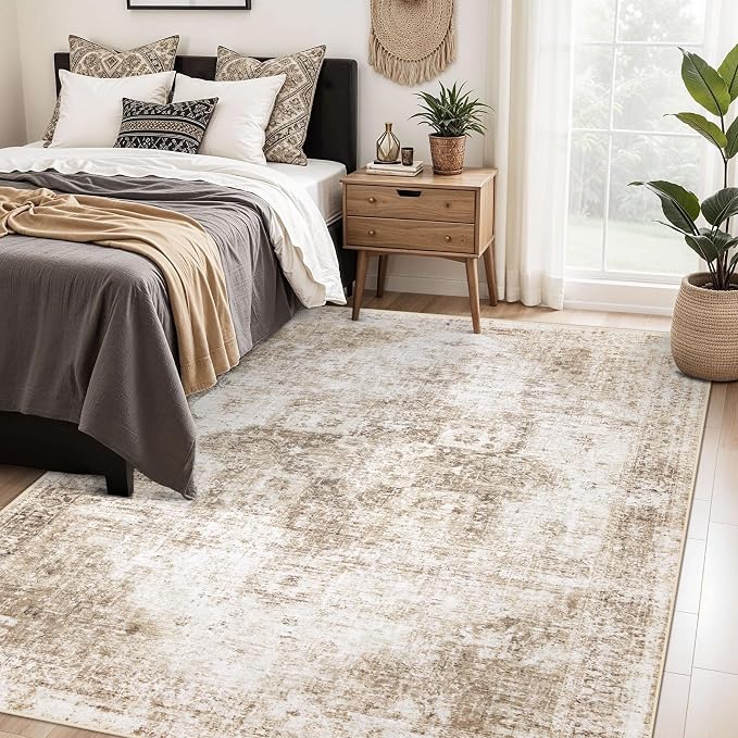 Area Rug 5x7 Washable Rug, Vintage Boho Medallion Rugs Non-Slip Soft Low Pile Large Distressed Rug Indoor Retro Carpet for Living Room Bedroom Dining Room Home Office (Brown, 5'x7')