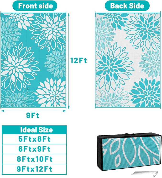HEBE Waterproof Outdoor Rug 9x12 for Patios, Floral Reversible Plastic Straw Rug Patio Mat, Indoor Outdoor Carpet RV Mat Camping Rug for Deck, Camper, Porch, Balcony, Backyard, Picnic