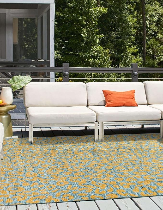 Unique Loom Outdoor Safari Collection Area Rug - Leopard (13' Square, Blue Yellow/ Blue)