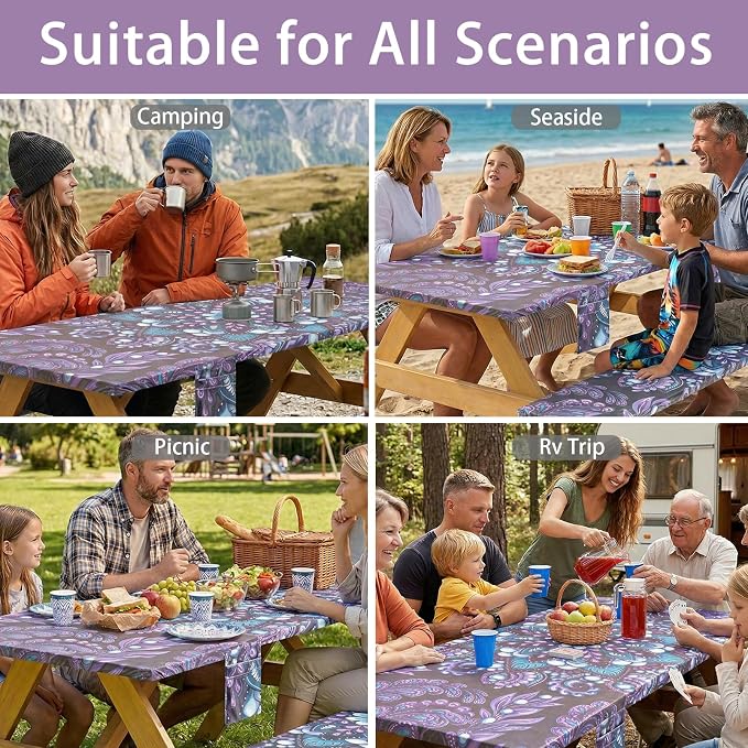 Fitted Waterproof Picnic Table Cover with Bench Covers Elastic Reusable Camping Table Cloths for 6Ft Rectangle Tables Summer Camp Motorhome Party Gear Outdoors Car Travel Trailer Gadgets Gift