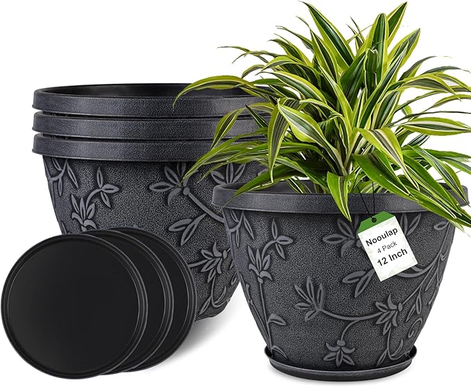 Nooulap 4 Pack 12 Inch Plant Pots for Outdoor Indoor, Plastic Flower Pots with Drainage Hole & Saucer, Modern Decorative Large Garden Pot, Imitation Magnolia Pots for Garden House Planters（Gray）