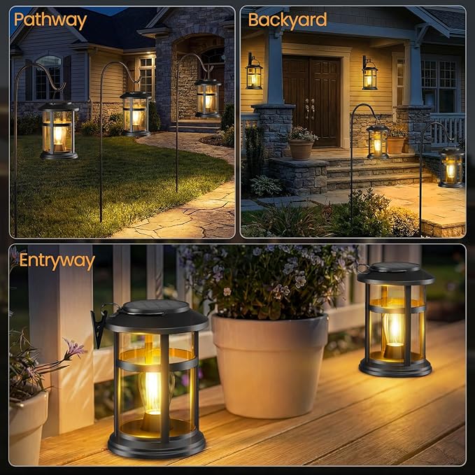 Otdair 4 Pack Solar Lanterns Outdoor Waterproof, Upgraded Warm White Hanging Solar Lights for Outside, Solar Powered Lantern for Patio Yard Garden Porch Decor, Gift for Mom Housewarming