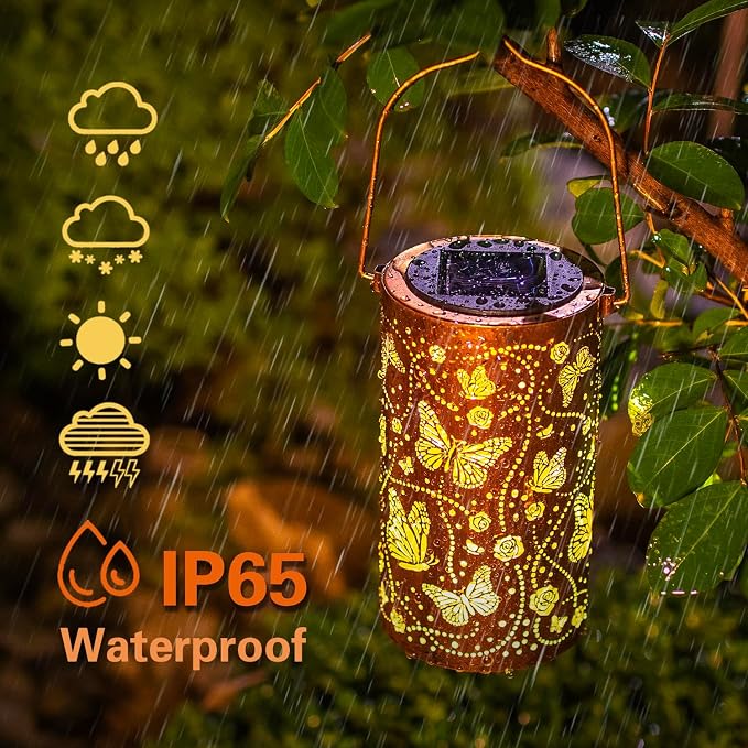 2 Pack Butterfly Solar Lanterns Outdoor Waterproof Hanging Solar Lights Butterfly Gifts for Women Men Metal Decorative LED Lights for Garden Decor,Yard,Patio,Lawn,Tabletop,Pathway,Landscape