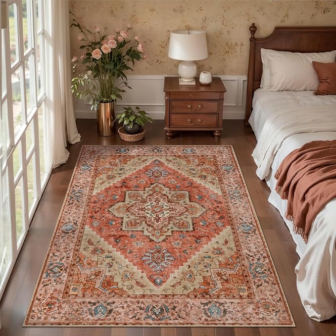 Tangsoo Boho 3x5 Rug, Washable Non Slip Accent Rugs for Entryway Terracotta | Vintage Print Indoor Carpet,Oriental Soft Low Pile 3x5 Area Rugs for Living Room Bedroom Bedside Bathroom Entrance Home Decor