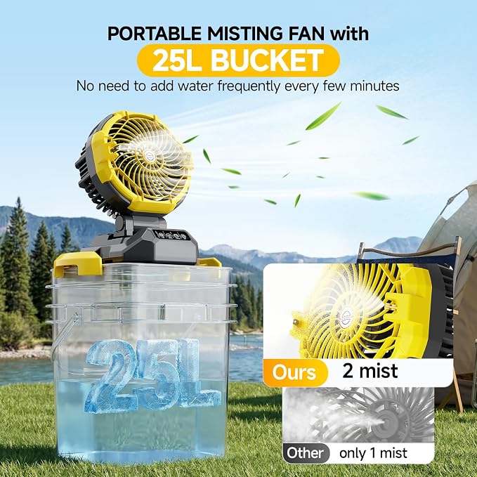 Portable Misting Fan with 6.6 Gallon Bucket, 30000mAh Rechargeable Battery Powered Floor Cooling Fan with 4 Strong Winds & 4 Spray Mister, Outdoor Oscillation Fans for Camping/Patios/Beach/Worksite