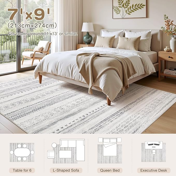 kakania Washable 7x9 Area Rug for Living Room: Boho Geometry Home Decor | Soft Stain Resistant, Low-Pile, Non-Slip, Pet & Kid Friendly, Thin Rug for Bedroom/Dining Room/Kids Dorm - Grey