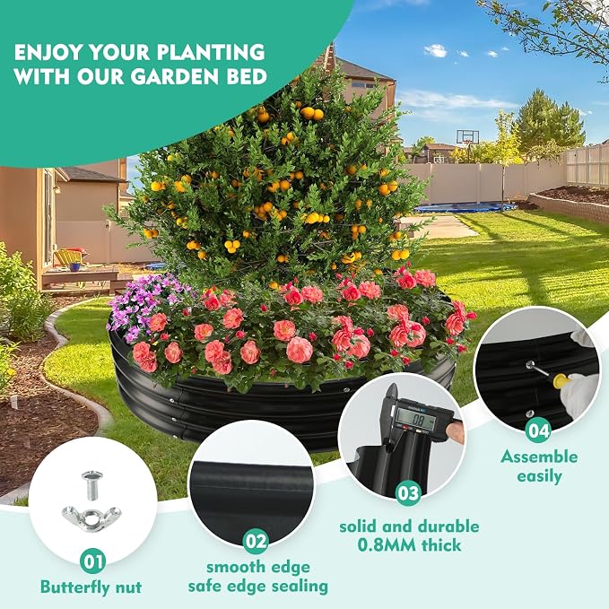 YSEJOMP 5FT Diameter Galvanized Garden Raised Bed/Plant Box/Fire Pit Ring - 0.8mm Thick,12 Inch Tall,Perfect for Planting a Variety of Flowers,Herbs,Vegetables (Black, 60 Dia X 11.5 inches)