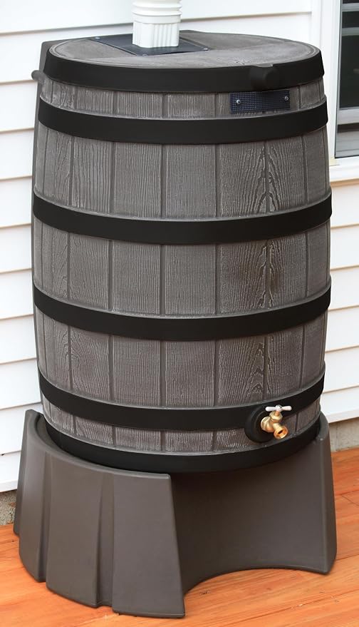 Good Ideas Rain Wizard 50 Gallon Plastic Rain Water Collection Barrel Stand, Oak
