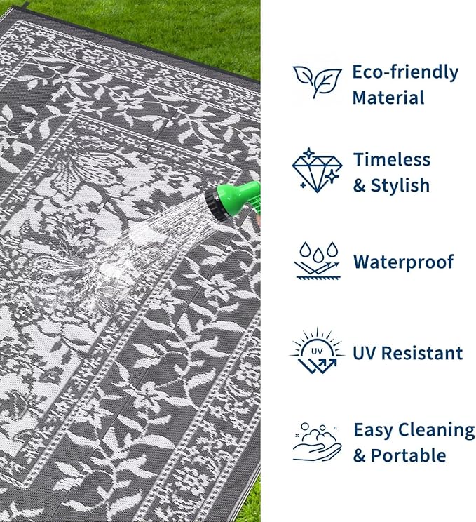 Garvee Outdoor Rug 5x8, Waterproof Reversible Foldable Plastic Straw Rug, Botanical cottagecore Outdoor Rugs Patio Camping RV Carpet for Deck Camper Porch Balcony Backyard Picnic Beach Grey