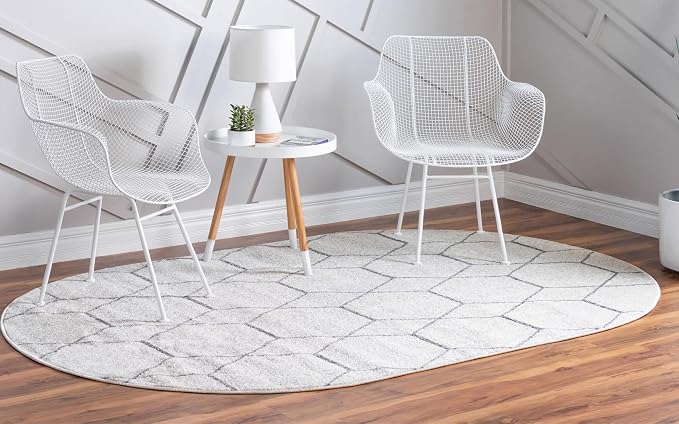 Unique Loom Trellis Frieze Collection Area Rug - Geometric (4' x 6' Oval, Ivory/ Gray)