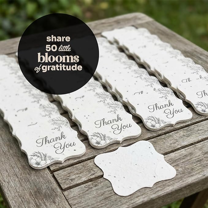 50Pcs Thank You Seed Paper Tags with Wildflower Seeds, Writable & Plantable Present for Moms, Plant Lover, & Teachers, Ideal for Weddings, Baby Shower Favors, Memorial, & Celebrations