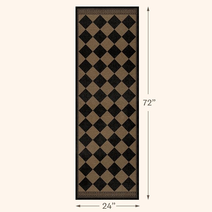 Black and White Easy Jute Checkered Runner Rug 2x6, Washable Kitchen Runner Rug Non Slip, Boho Diamond Indoor Outdoor Carpet for Entryway Hallway Bedroom, Stain Resistant Farmhouse Home Décor