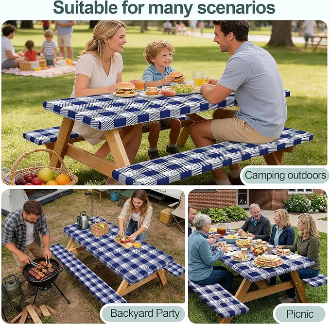 Play Tailor Picnic Table Cover with Bench Covers Camping Essentials Waterproof Windproof Camping Tablecloth with Drawstring Bag, Fitted Rectangle Tables and Seats, 60in, Blue Checkered