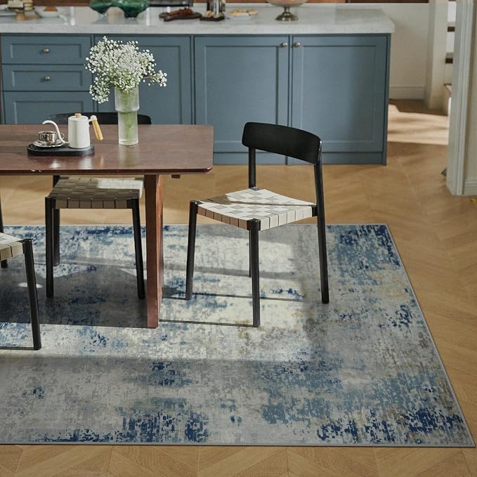 Lahome Modern Abstract Washable Area Rugs 5x7, Soft Living Room Rug Non Slip Stain Resistance, Faux Wool Floor Carpet for Bedroom Dining Room Nursery Kids Playroom,Blue/Grey