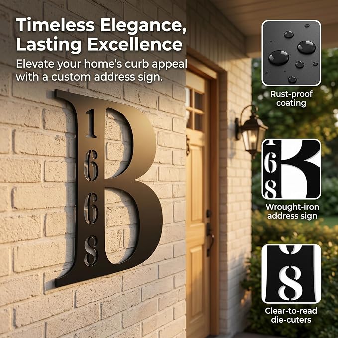 Personalized Metal Address Sign with Large Initial, Custom House Number Plaque and Family Last Name Sign for Outside, Outdoor Wall Mount Address Marker for Front Door Porch Yard