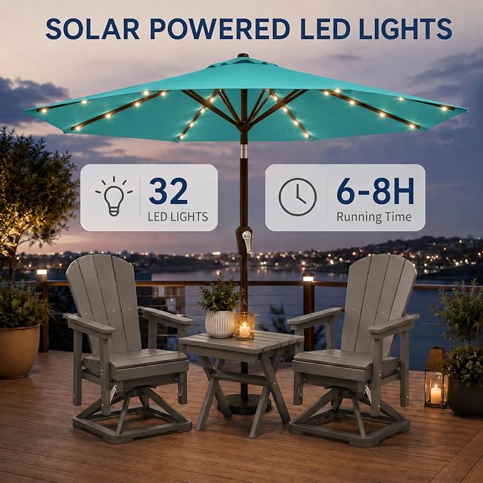 10FT Solar Patio Umbrella with Lights, Outdoor Table Market Umbrella with 32 LED Lights, 8 Sturdy Ribs, Push Button Tilt and Crank for Pool, Deck and Garden, UV-Resistant