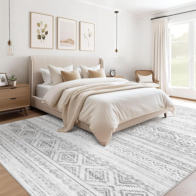 cotiled Boho 9x12 Area Rug for Living Room: Large Moroccan Washable Rug | Stain Resistan Carpet for Bedroom Farmhouse Dining Room Grey