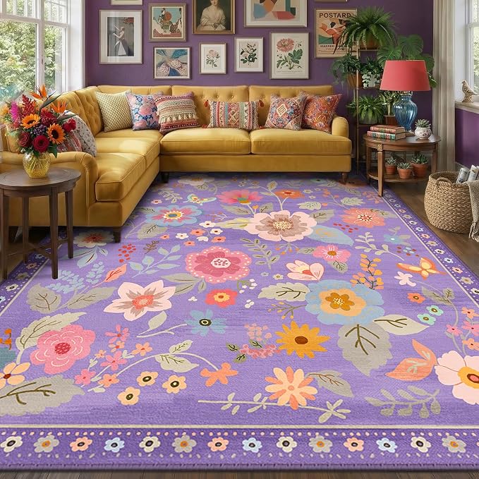 RELEANY Floral Washable 7x9 Area Rugs Purple/Pink | Flower Carpet, Print, Boho, Non-Slip, Easy to Clean, Soft, Low Pile for Living Room Bedroom Kitchen Office Entryway Hallway