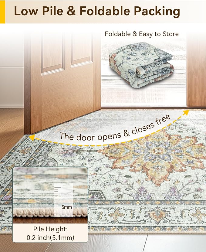 RELEANY Washable Area Rug, Small 2'6"x4', Beige/Carbon Grey/Orange | Non-Slip, Water Repellent, Pet Friendly, Easy to Clean, Vintage Floral Boho Decor for Kitchen Entryway Bathroom