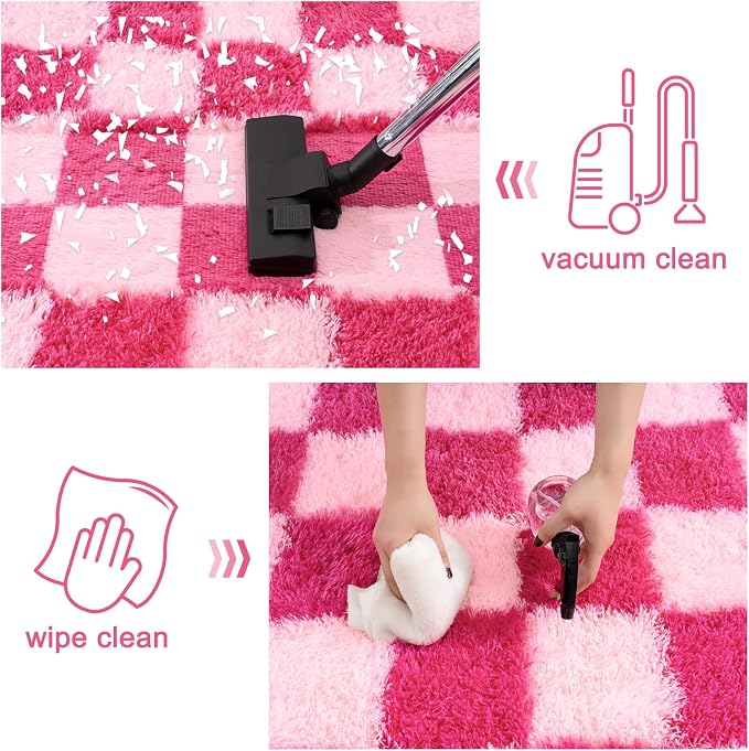 Checkered Rug for Living Room 6x9, Ultra Fluffy Fuzzy Shag Large Area Rug for Bedroom, Modern Plush Soft Upgrade Non-Slip Carpet for Kids and Girls Room Dorm Home Decor, Pink and Hot Pink