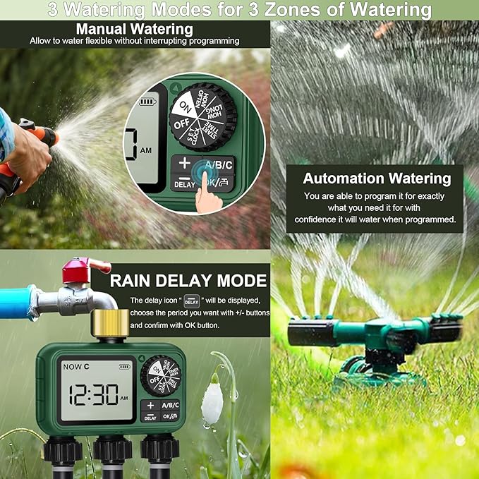 Water Timer for Outdoor Garden Hose, Sprinkler Timer for Garden Faucet with Auto/Manual/Rain Delay Mode, Sprinkler Irrigation Controller for Yard Lawn (3 Zones Brass Inlet)