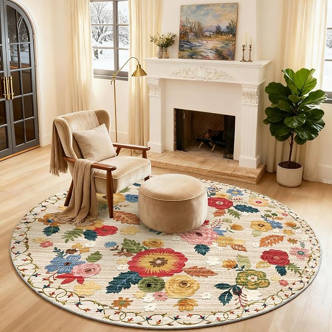 4ft Washable Round Rugs for Bedroom: Circle Living Room Rug Floral Vintage Non Slip Low Pile Soft Faux Wool Non Shedding Small Circular Rug for Kitchen Entryway Bathroom Bedside Office Dorm Kids Room