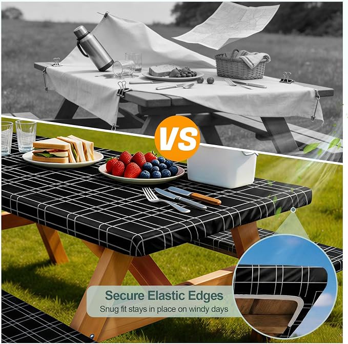Play Tailor Picnic Table Cover with Bench Covers Camping Essentials Waterproof Windproof Camping Tablecloth with Drawstring Bag, Fitted Rectangle Tables and Seats, 96in, Black Checkered