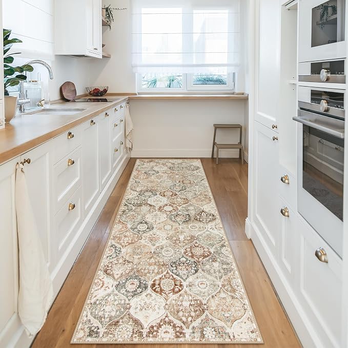 Lahome Moroccan Hallway Runner, 2x6 Kitchen Runner Rugs Non Skid Washable | Trellis Vintage Laundry Room Rug Ultra-Thin Long Carpet for Bathroom Bedroom Entryway Elise, Khaki