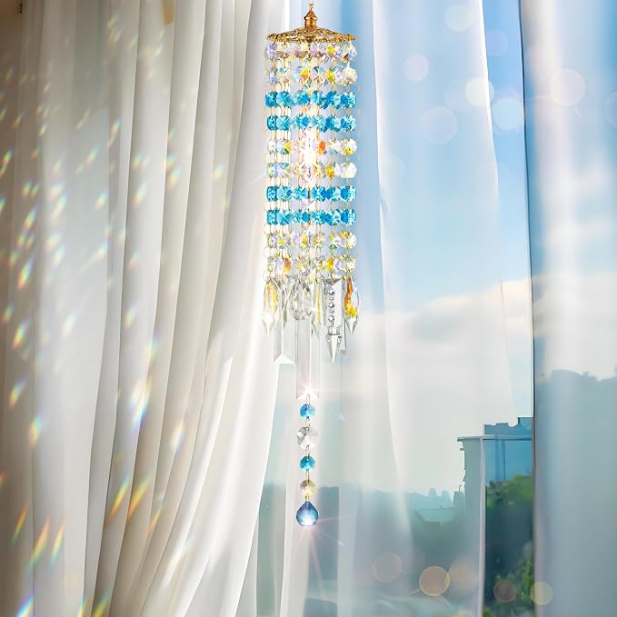 Crystal Wind Chimes Rainbow Suncatcher for Window, Garden, Patio | K9 Crystal Suncatcher, 22 Inches, Creates Rainbows Indoors/Outdoors, Ideal For Gifting, Rose Gold Hooks, Porch/Balcony
