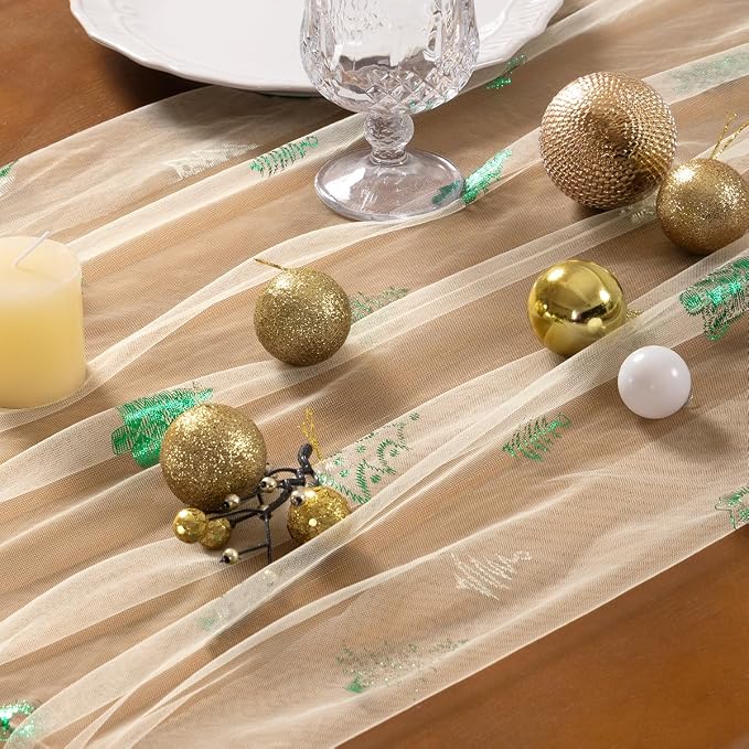 Socomi Christmas Tree Table Runner Gold Gauze Sheer Chiffon Cheesecloth Sequin 10FT Glitter Metallic Foil Dining Wedding Birthday Party Winter Holiday Centerpiece Table Decor 3pcs Beige