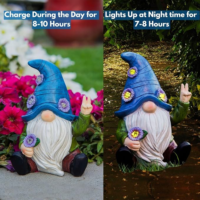 Blue Peace Yard Gnomes - Solar Statue, 11 Inch | Charges all day and lights itself after dark, no wires and no outlet to find. Hand-painted resin, built to live outside.