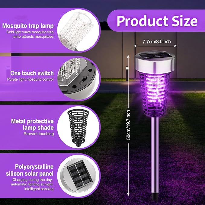Qualirey 4 Pack Solar Bug Zapper Outdoor Waterproof Mosquito Repellent Killer Bug Zapper Lamp with LED Light for Outdoor Garden Patio Yard (Purple and Warm Light,Silver)