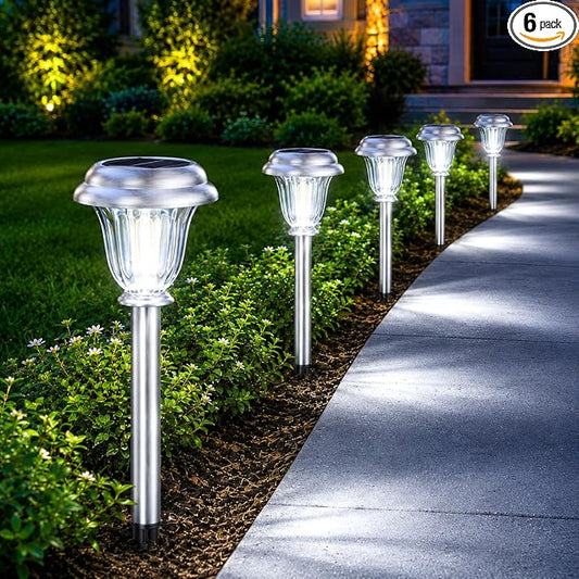 DERAYSION Solar Lights Outdoor Pathway, 6 Pack Stainless Steel Glass Solar Garden Lights, Auto On/Off Long-Lasting Waterproof Outdoor Solar Lights for Yard, Landscape, Path, Driveway, Walkway Décor | Glass Sturdy Stainless Steel, Long-Lasting driveways...